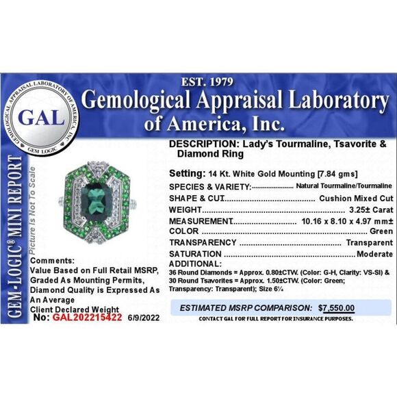 Tourmaline Tsavorite Diamond Ring Size 6.25 14kGold 5.55TCW GIA Certified 215422 - Picture 9 of 10